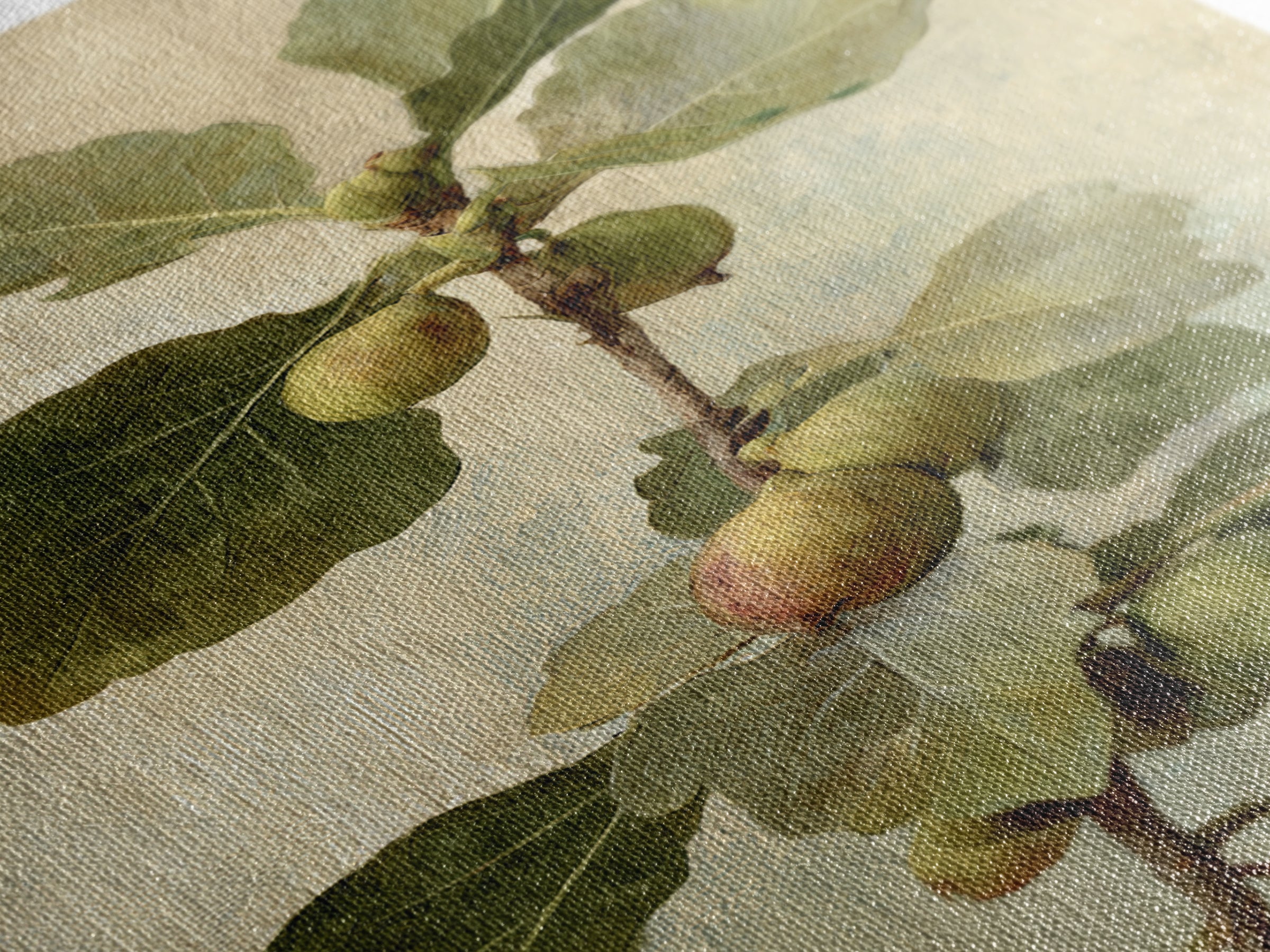 Fig Branch with Fruit and Broad Leaves Framed Canvas Print, Botanical Art, Oil Painting, Living Room Decor, Fine Art, Botanic, BOT-2x3-47