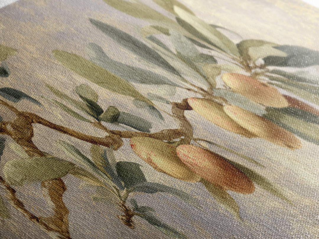 Fig Branch with Fruit and Broad Leaves Framed Canvas Print, Botanical Art, Art, Living Room Decor, Oil Painting, Botanic, BOT-3x1-55