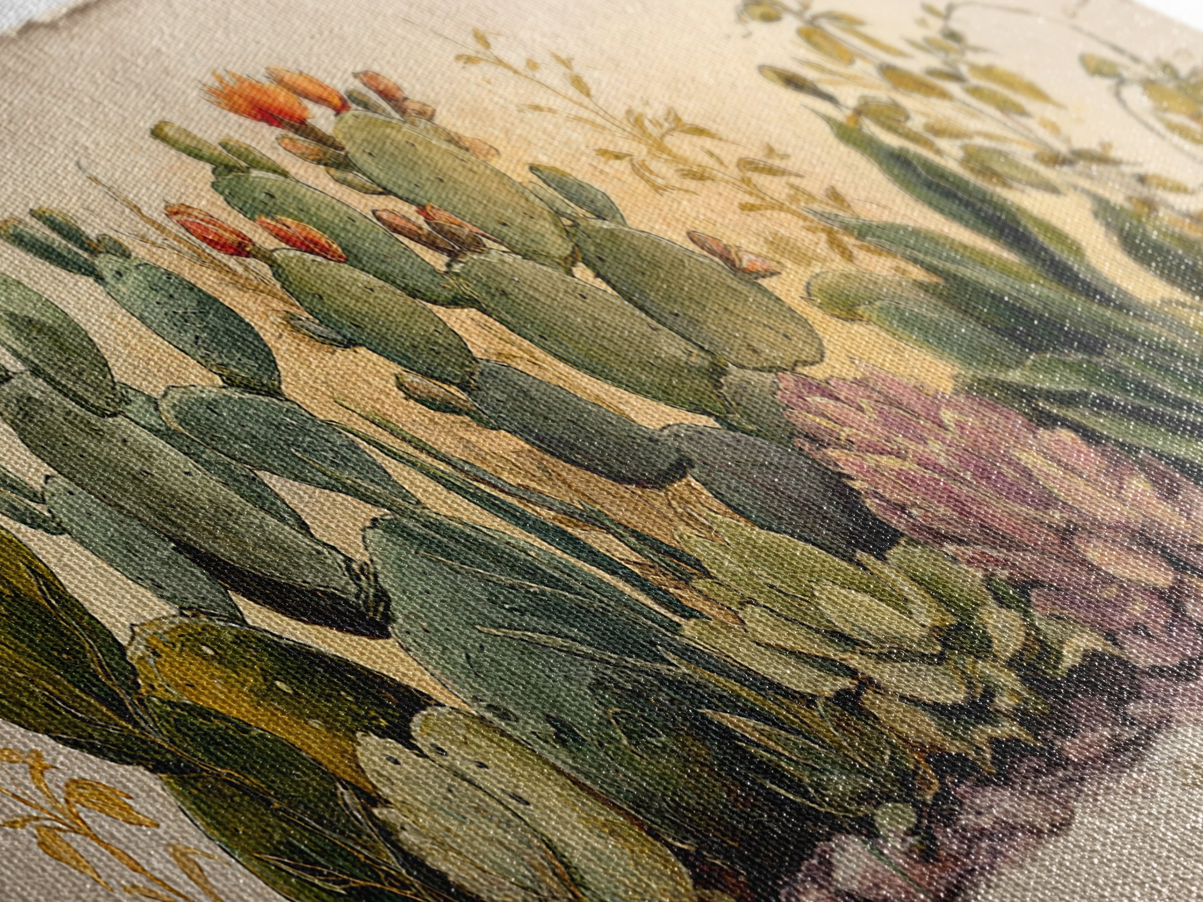 Cactus Botanical Plate Framed Canvas Print, Botanical Art, Sage Green Wall Art, Living Room Decor, Oil Painting, Botanic, BOT-3x1-77