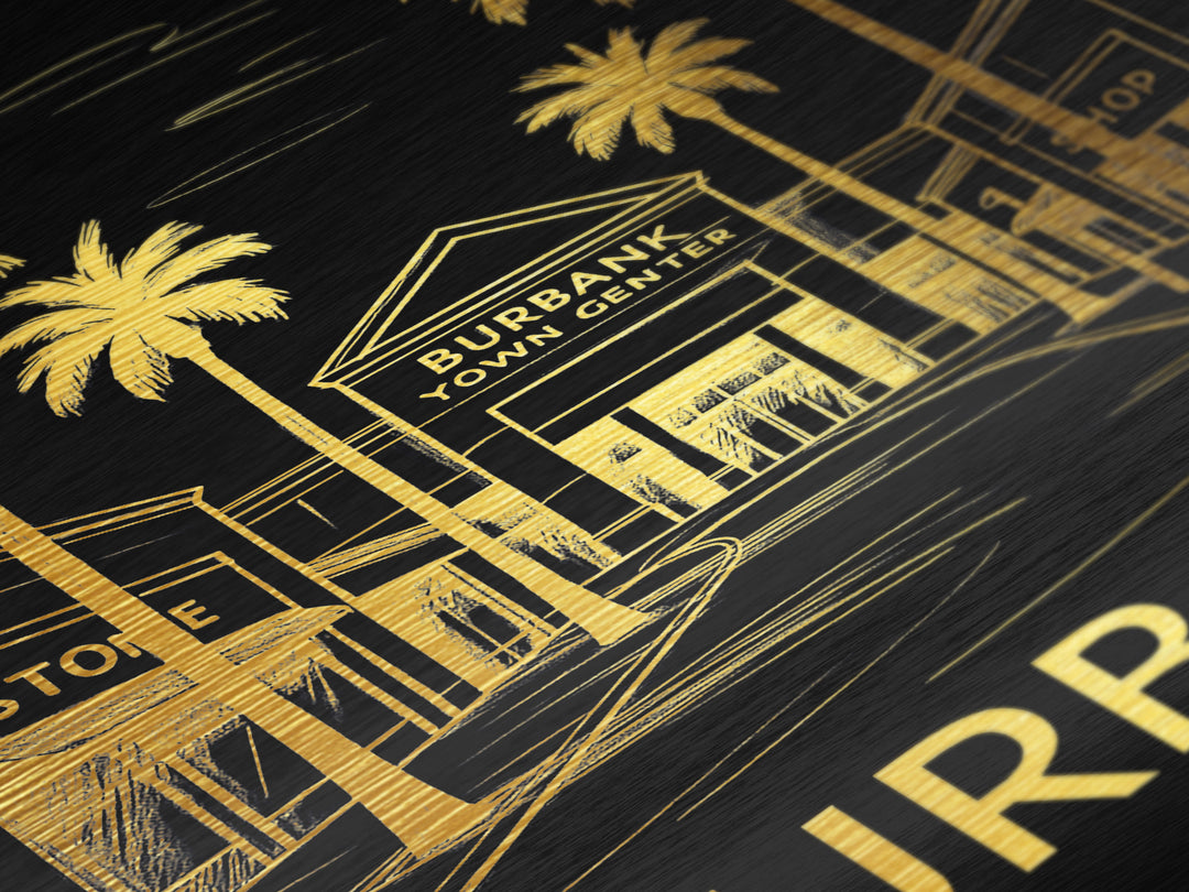 Burbank California art, Metallic Gold Art, Office Decor, Metal Art, Wood Framed Art, Graduation Travel Gift, Destination Gift