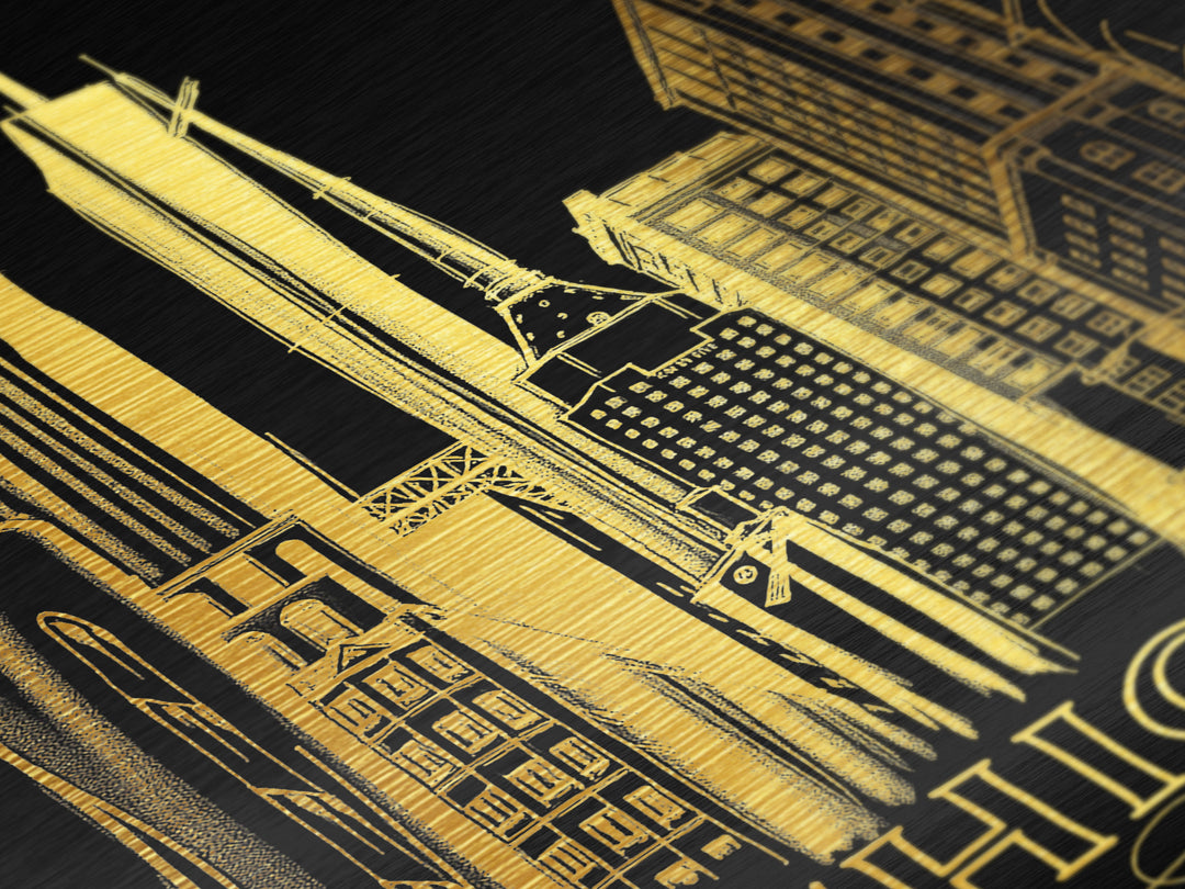 Chicago Illinois travel, Metallic Gold Print, Modern Skyline Wall Print, Metal Art, Wood Framed Art, Adventure Lover Gift, Travel Gift