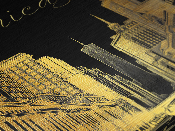 Chicago Illinois art, Metallic Gold Art, Housewarming Gift, Metal Art, Wood Framed Art, Newlywed Travel Gift, Honeymoon Gift
