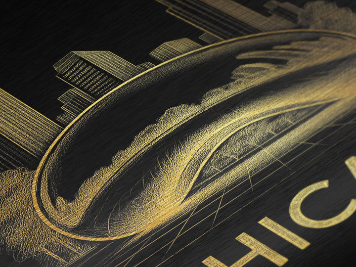 Chicago Illinois travel, Metallic Gold Print, Modern Skyline Wall Print, Metal Art, Wood Framed Art, Anniversary Travel Gift, Traveler Gift