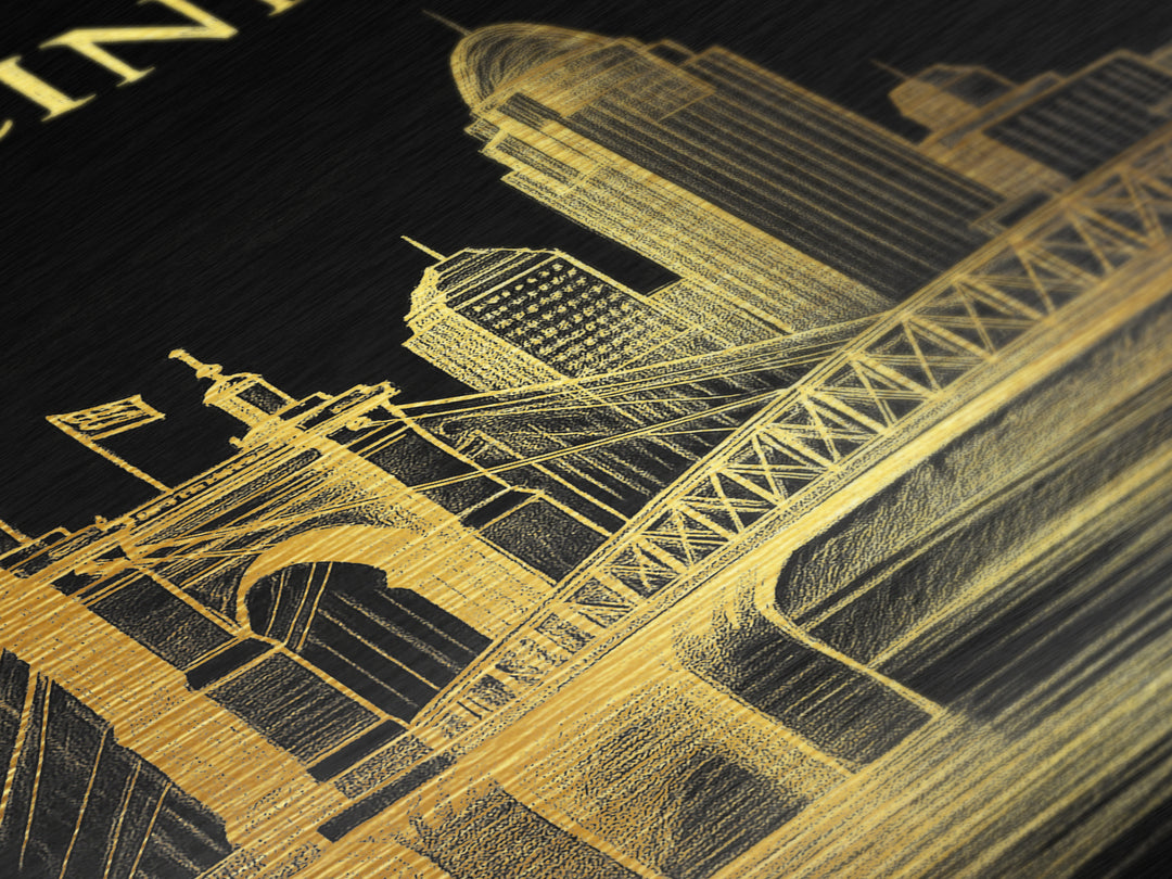 Cincinnati Ohio travel, Metallic Gold Print, Modern House Art, Metal Art, Wood Framed Art, Wanderlust Gift, Travel Art Prints