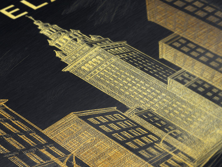 Cleveland Ohio travel, Metallic Gold Print, Modern Skyline Wall Print, Metal Art, Wood Framed Art, Adventure Lover Gift, Travel Gift