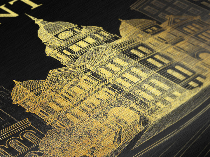 Denton Texas travel, Metallic Gold Print, College Dorm Décor, Metal Art, Wood Framed Art, Graduation Travel Gift, Traveler Gift