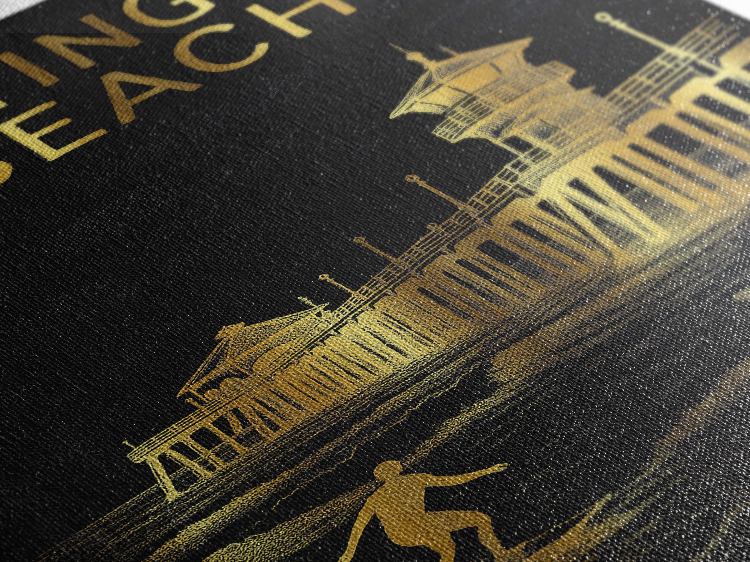 Huntington Beach California Travel Poster, Canvas Print, Black And Gold Line Art, Huntington Beach Travel Art, Travel Art Print