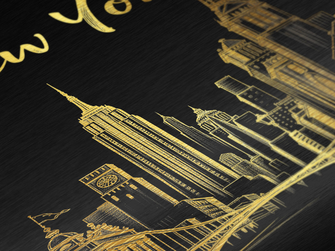 New York New York art, Metallic Gold Art, Housewarming Gift, Metal Art, Wood Framed Art, Newlywed Travel Gift, Honeymoon Gift