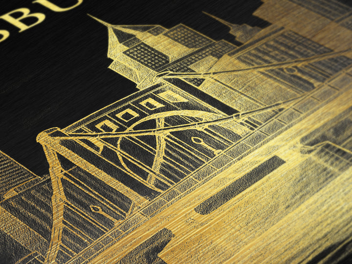 Pittsburgh Pennsylvania travel, Metallic Gold Print, Modern Skyline Wall Print, Metal Art, Wood Framed Art, Adventure Lover Gift