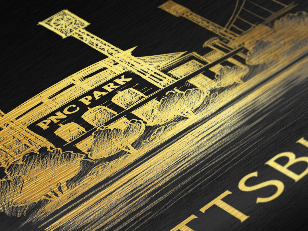 Pittsburgh Pennsylvania art, Metallic Gold Art, Housewarming Gift, Metal Art, Wood Framed Art, Newlywed Travel Gift, Honeymoon Gift