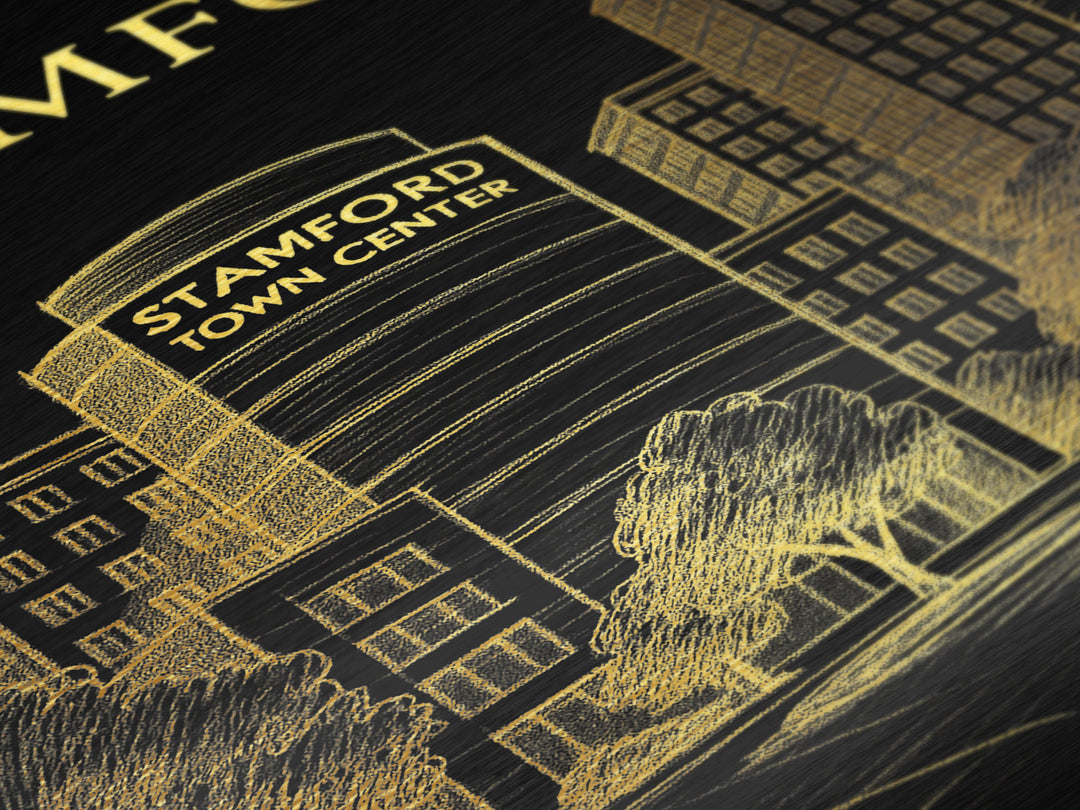 Stamford Connecticut travel, Metallic Gold Print, Modern House Art, Metal Art, Wood Framed Art, Wanderlust Gift, Travel Art Prints