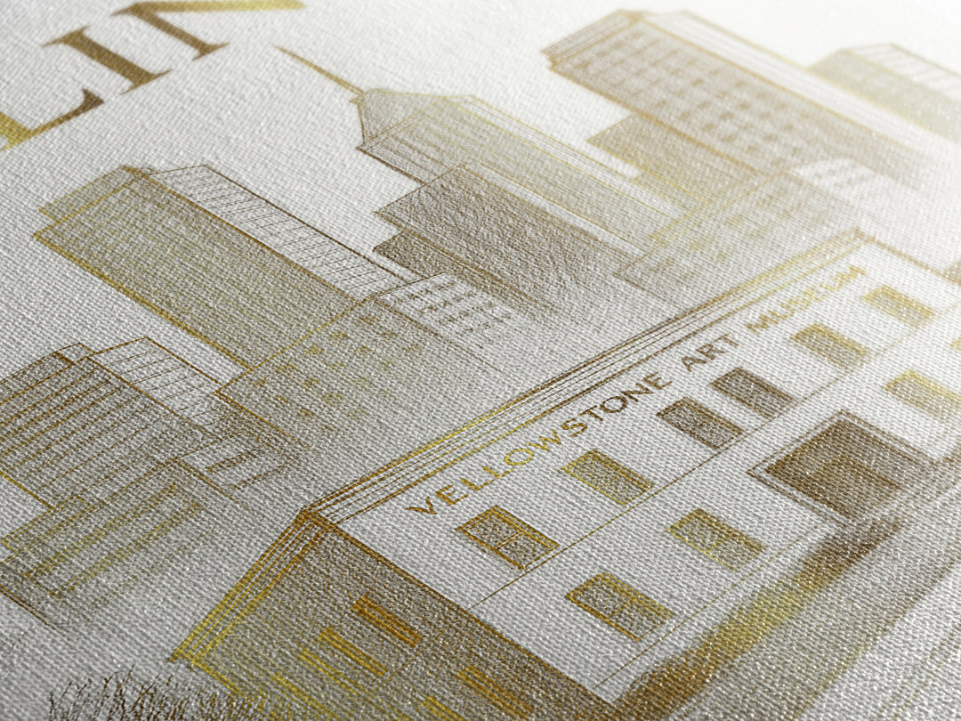 Billings Montana Travel Poster, Framed Canvas Print, Gold Line Drawing Wall Art, Billings Art Print, Travel Wall Art, Travel Wall Decor