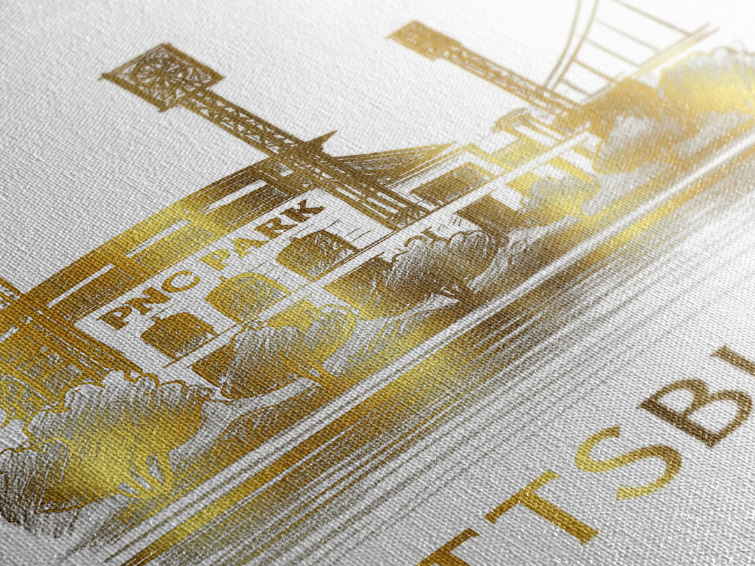Pittsburg Travel Poster, Canvas Print, White And Gold Sketch Art, Pittsburg Wall Art, Retro Travel Print, Travel Wall Art, Vintage City Art
