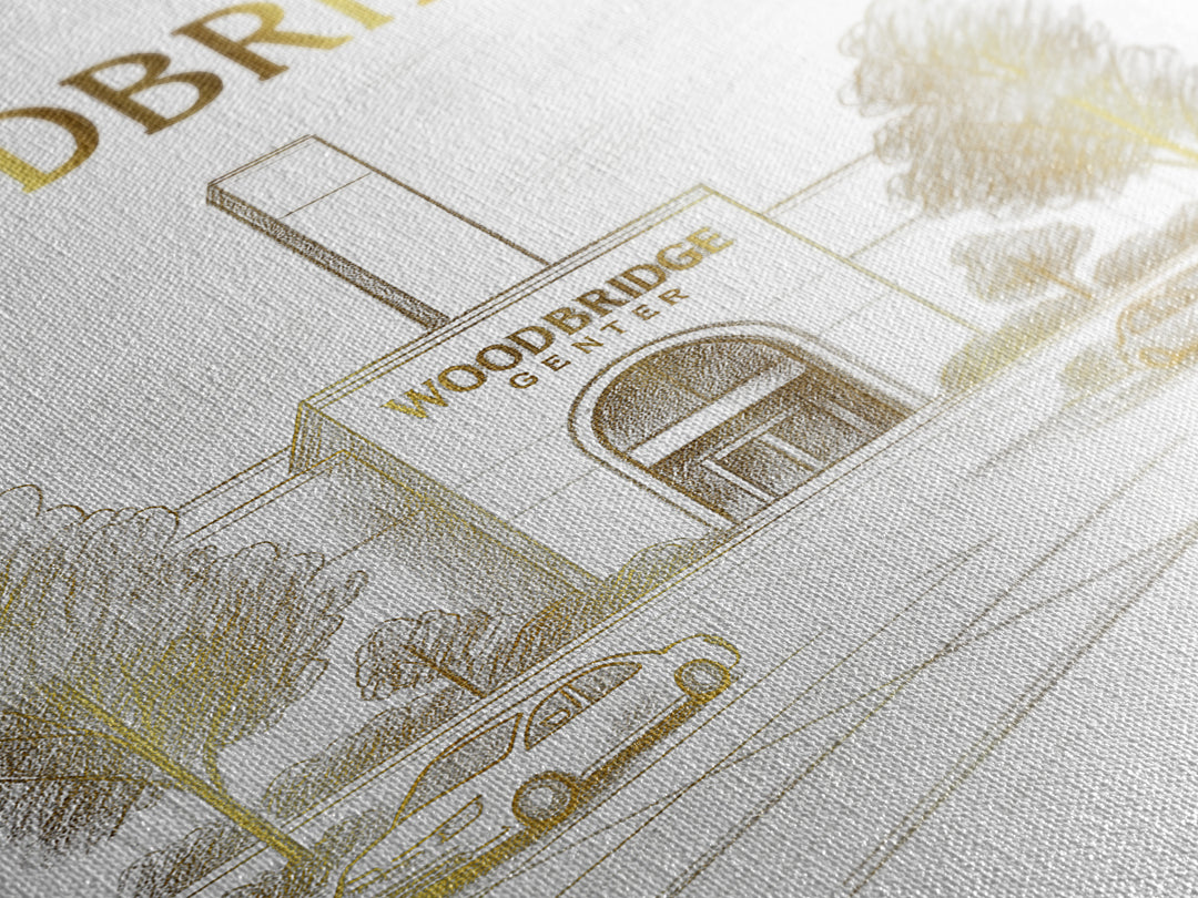Woodbridge Virginia Travel Poster, Canvas Print, Gold Line Drawing Wall Art, Woodbridge Travel Art, Living Room Wall Art, Wanderlust Decor