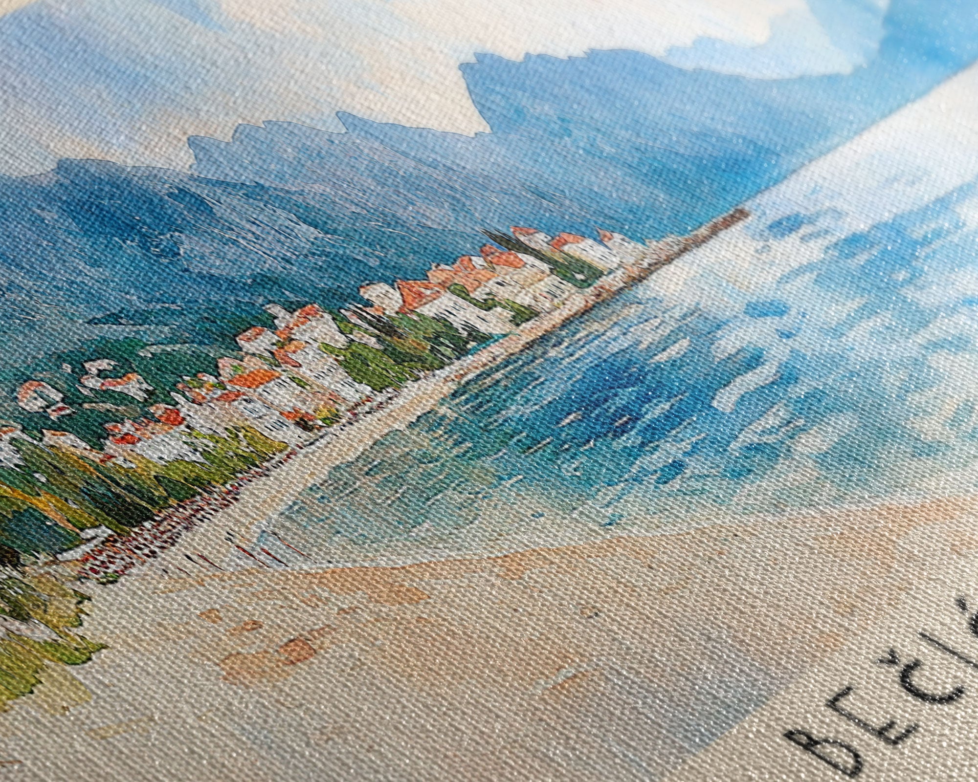 Bečići Beach, Montenegro Watercolor Print, Vacation Gift, Montenegro Wall Art, Beach Painting, Beach Decor, Large Wall Art, Wood Frame Art
