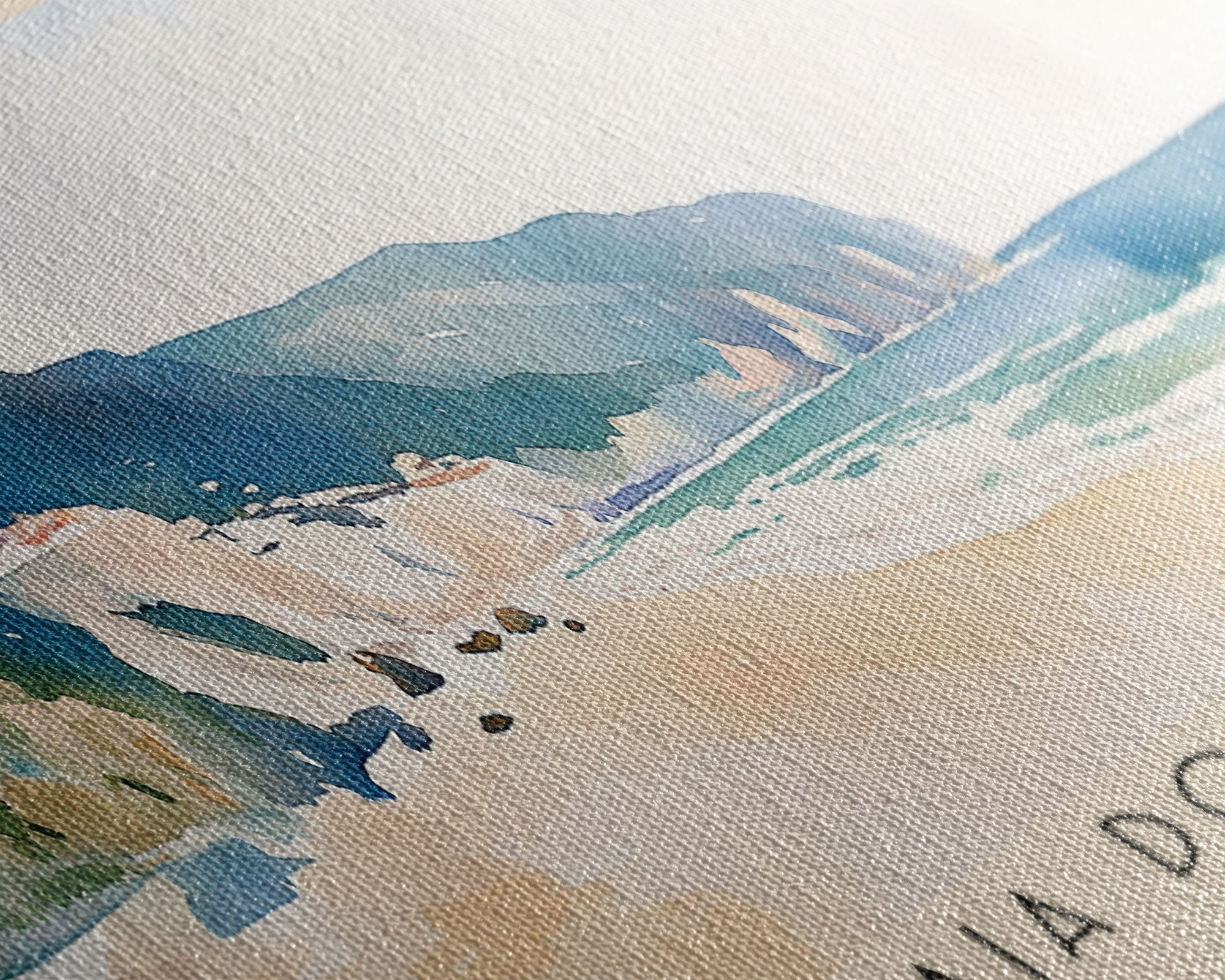 Praia do Carvalho, Portugal Watercolor Beach Print, Vacation Gift, Portugal Wall Art, Framed Canvas Print, Framed Beach Painting