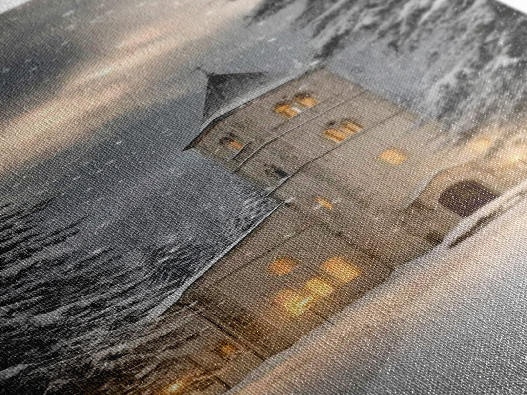 Snowfall Chapel Light – Framed Canvas Print – Tall Narrow Wall Art – Christian Wall Art – Christmas Art – Christian Christmas Décor – Moder