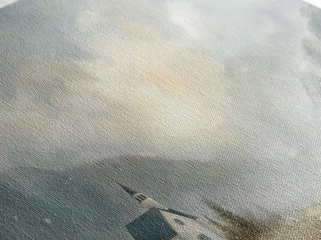 Mountain Chapel Light – Framed Canvas Print – Christian Art Canvas – Christian Wall Art – Moody Christian Art – Christian Painting – Modern