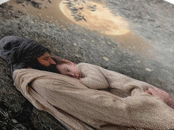 Moonlit Comfort | Framed Canvas Print | Jesus Wall Art | Christian Christmas Art | Christian Art Painting | Unique Christian Art