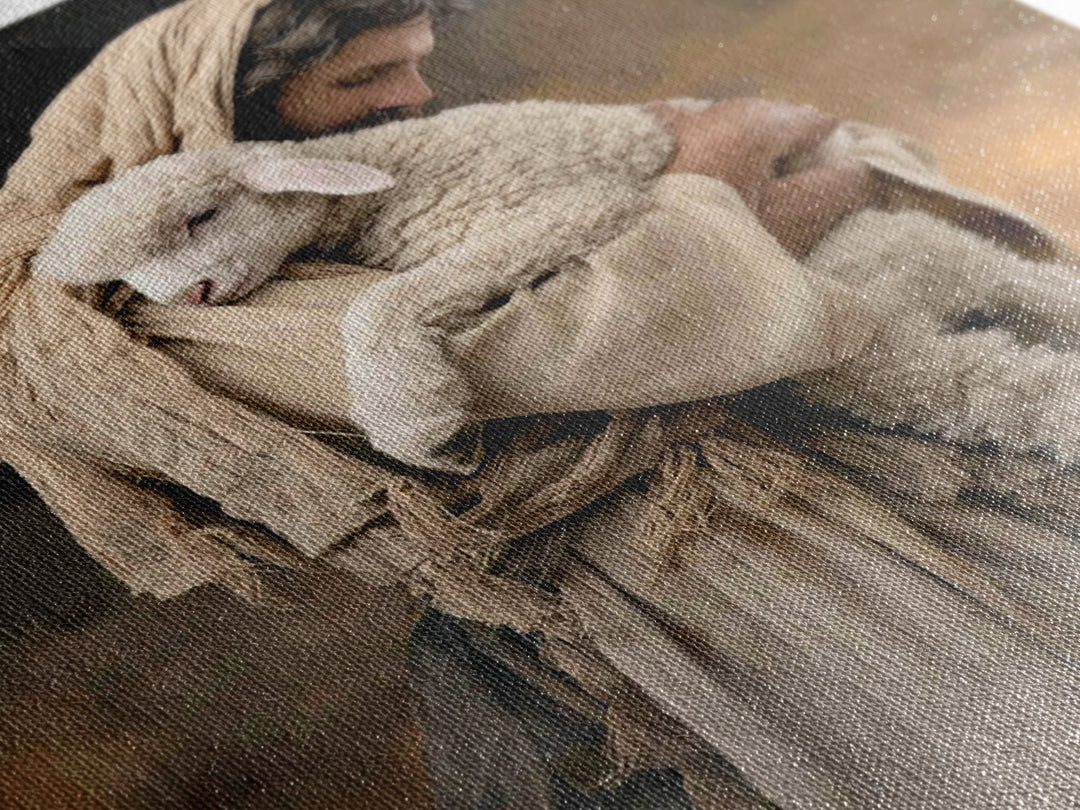 Tender Lamb Embrace, Framed Canvas Print, Jesus Painting, Christian Art Print, Christian Wall Art, Large Christian Painting, Christian Deco