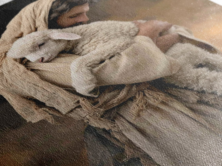 Tender Lamb Embrace, Framed Canvas Print, Jesus Painting, Christian Art Print, Christian Wall Art, Large Christian Painting, Christian Deco