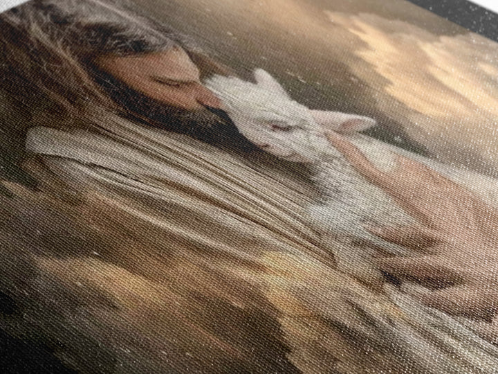 Sacred Lamb Embrace – Framed Canvas Print – Panoramic Frame – Christian Art Canvas – Jesus Wall Art – Christmas Art Work – Christian Gift I