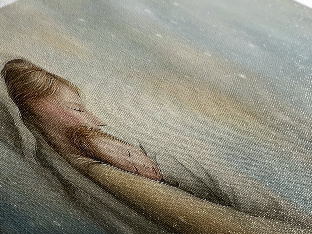 Blessed Winter Warmth, Framed Canvas Print, Panoramic Painting, Christian Art Canvas, Mary And Jesus Painting, Christian Wall Art, Christma