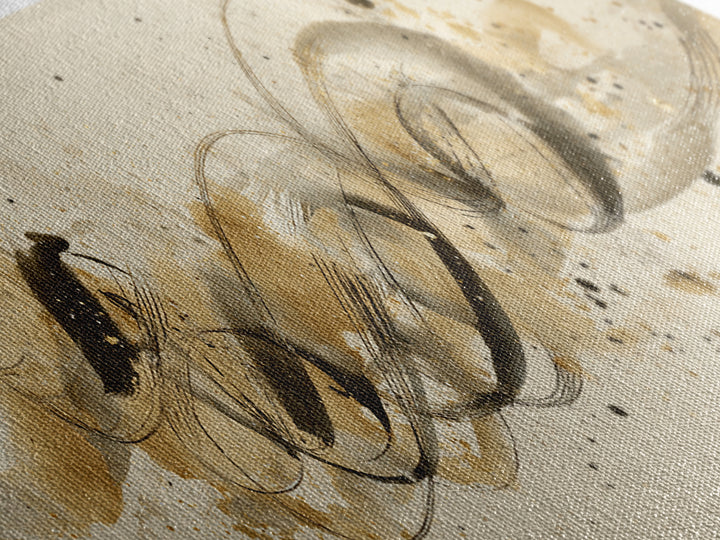 Abstract Gold Calligraphic Strokes on Ivory Paper Canvas Print, Calligraphy Art, Unique Wall Art, Living Room Decor, Script, CAL-3x1-66