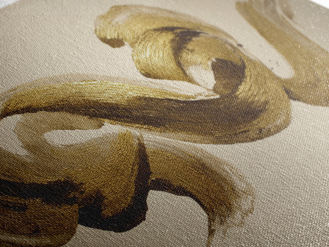 Abstract Gold Calligraphic Strokes on Ivory Paper Canvas Print, Calligraphy Art, Digital Print, Living Room Decor, Script, CAL-3x2-6