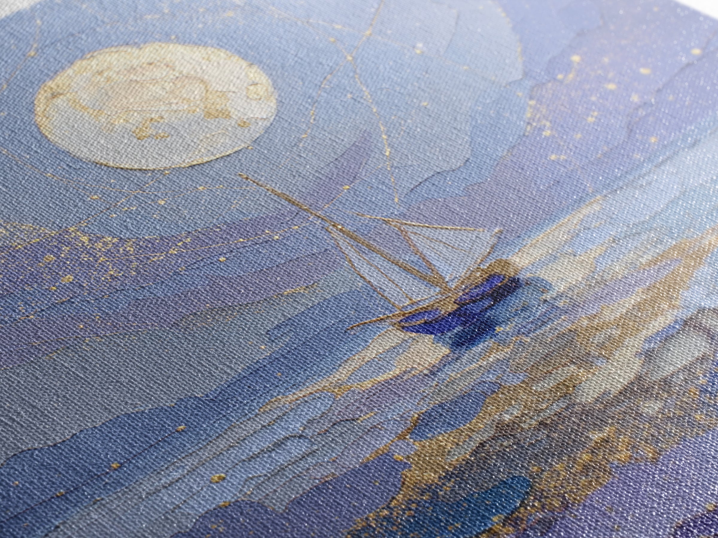 Tiny Sailboat Beneath a Huge Moon Framed Canvas Print, Celestial Art, Modern Art, Living Room Decor, Oil Painting, Celestial, CEL-1x1-43