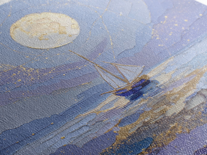 Tiny Sailboat Beneath a Huge Moon Framed Canvas Print, Celestial Art, Modern Art, Living Room Decor, Oil Painting, Celestial, CEL-1x1-43