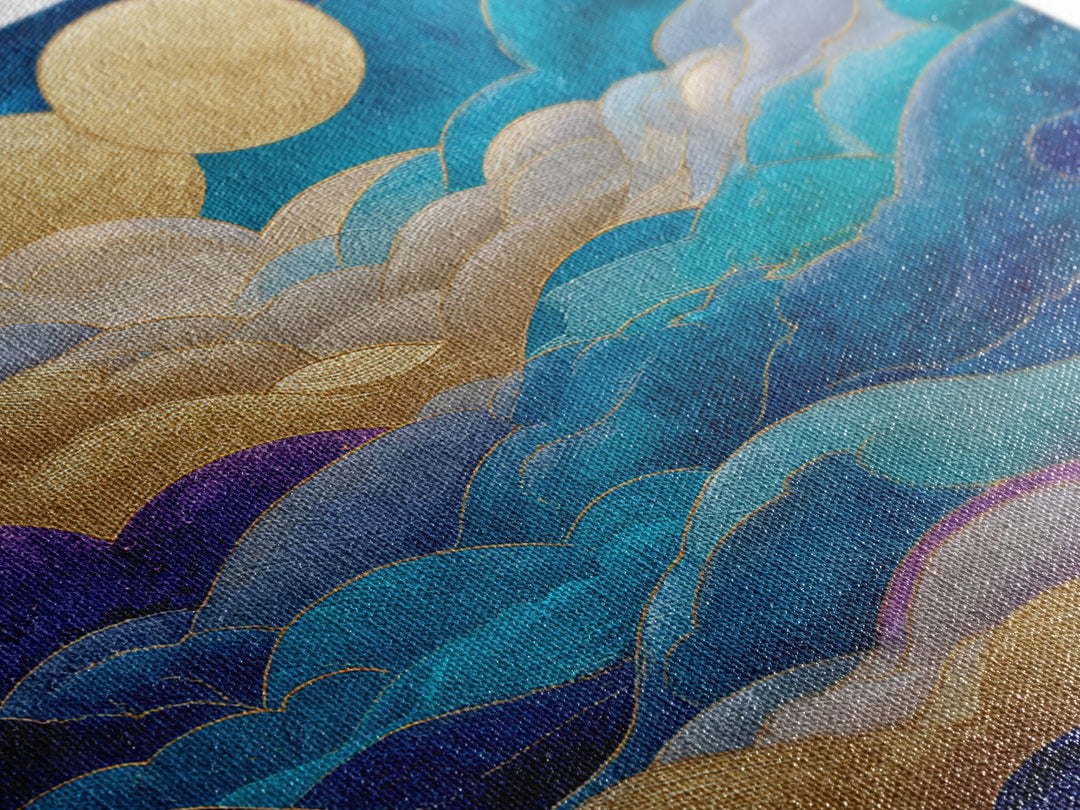 Golden Sun over Abstract Ocean Waves Framed Canvas Print, Celestial Art, Collage Art, Living Room Decor, Fine Art, Celestial, CEL-1x1-71