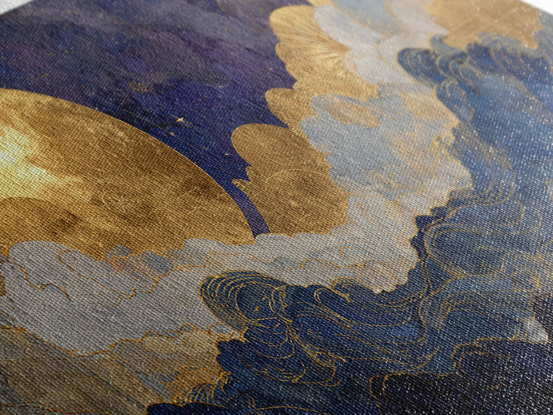 Golden Sun over Abstract Ocean Waves Framed Canvas Print, Celestial Art, Collage Art, Living Room Decor, Fine Art, Celestial, CEL-2x1-19