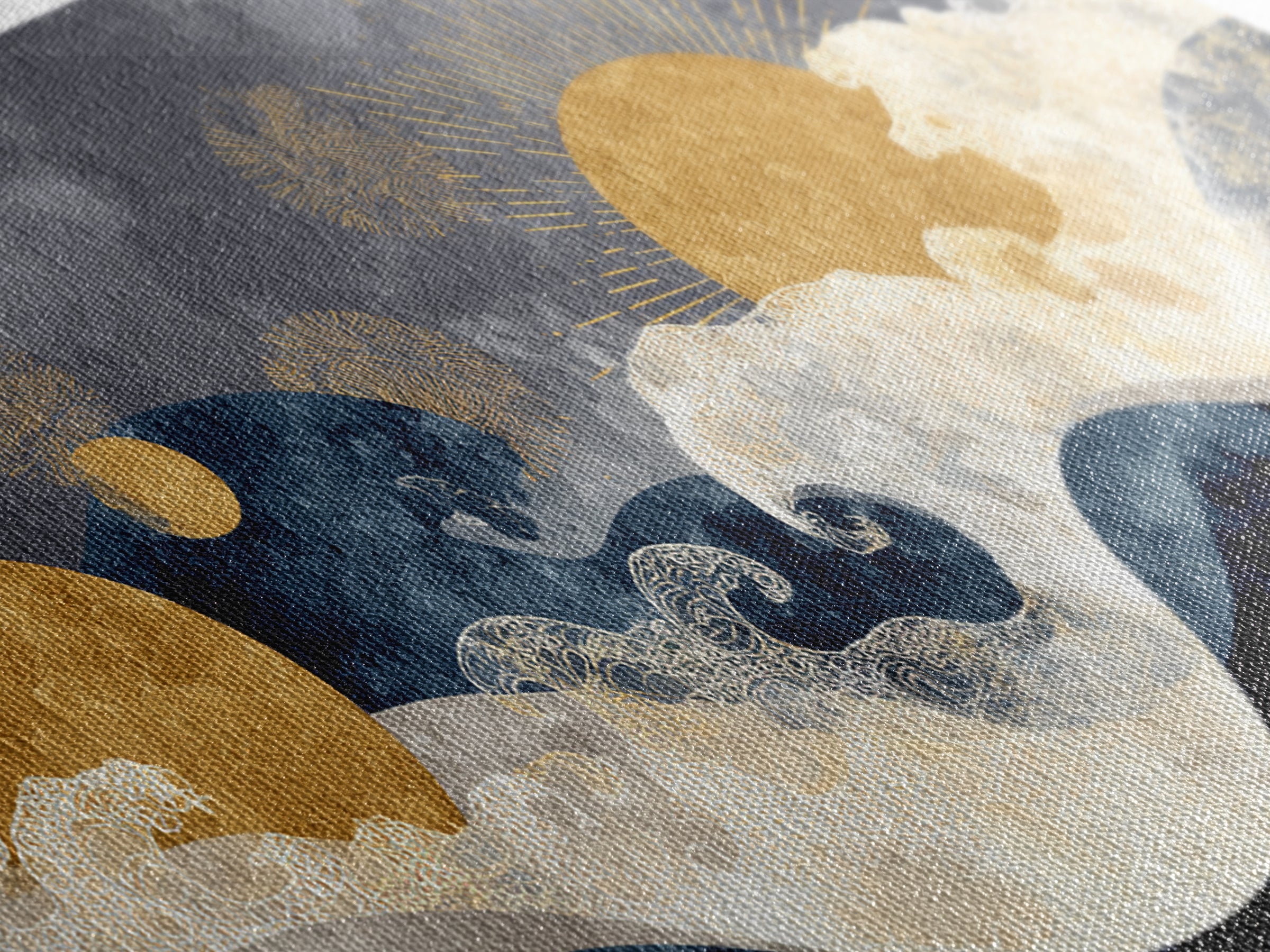 Golden Sun over Abstract Ocean Waves Framed Canvas Print, Celestial Art, Art Nouveau Decor, Living Room Decor, Celestial, CEL-2x1-67