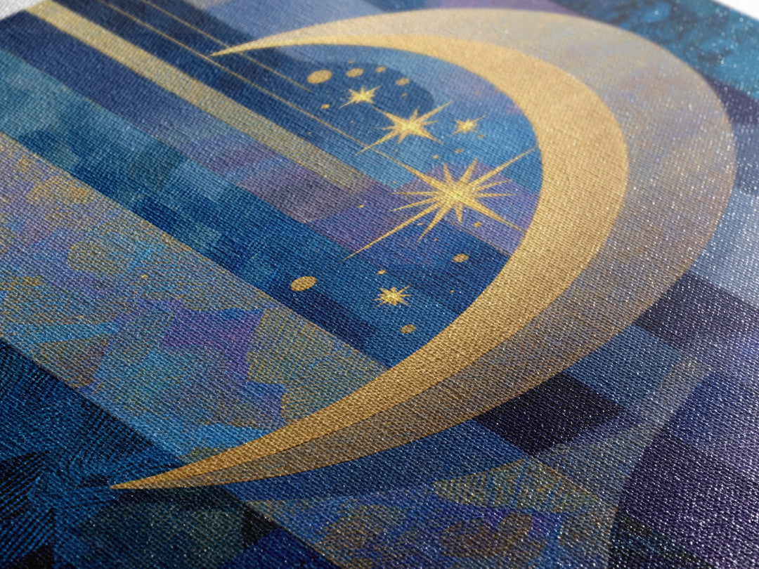 Crescent Moon Cradling a Cluster of Stars Canvas Print, Celestial Art, Living Room Decor, Oil Painting, Celestial, CEL-2x3-57
