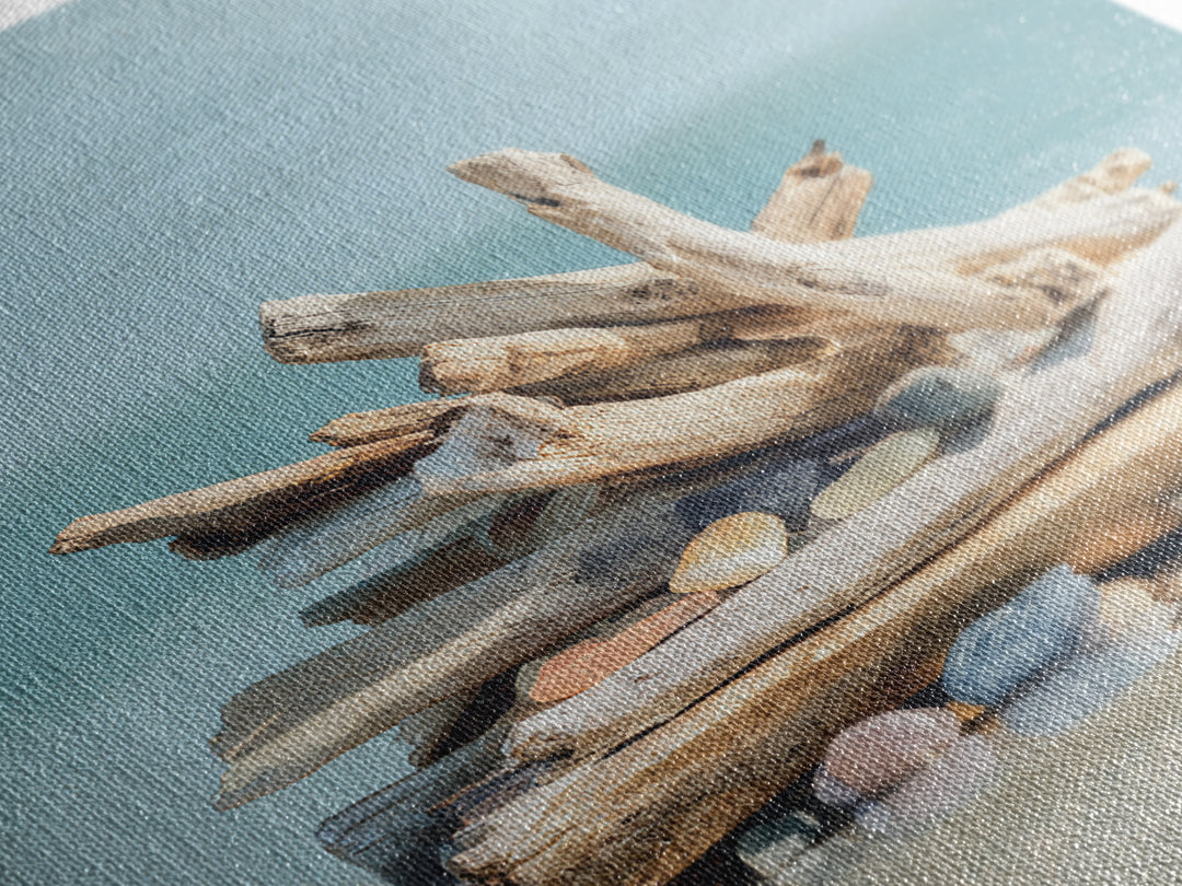 Driftwood and Sea Glass Still Life Canvas Print, Coastal Art, Ocean Wall Art, Coastal Decor, Watercolor Art, Coastal, COA-1x1-55