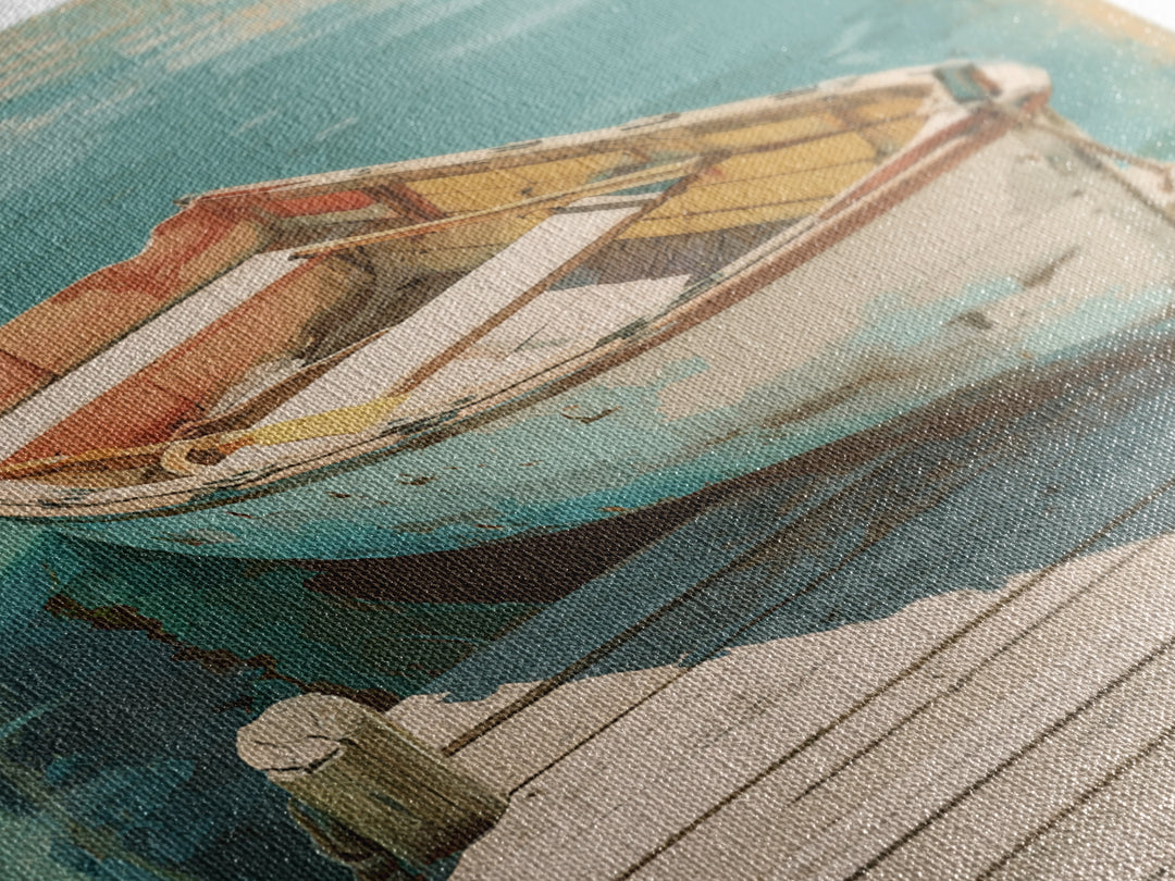 Small Rowboat Tied to a Wooden Dock Framed Canvas Print, Coastal Art, Gallery Decor, Coastal Decor, Fine Art, Coastal, COA-1x1-67