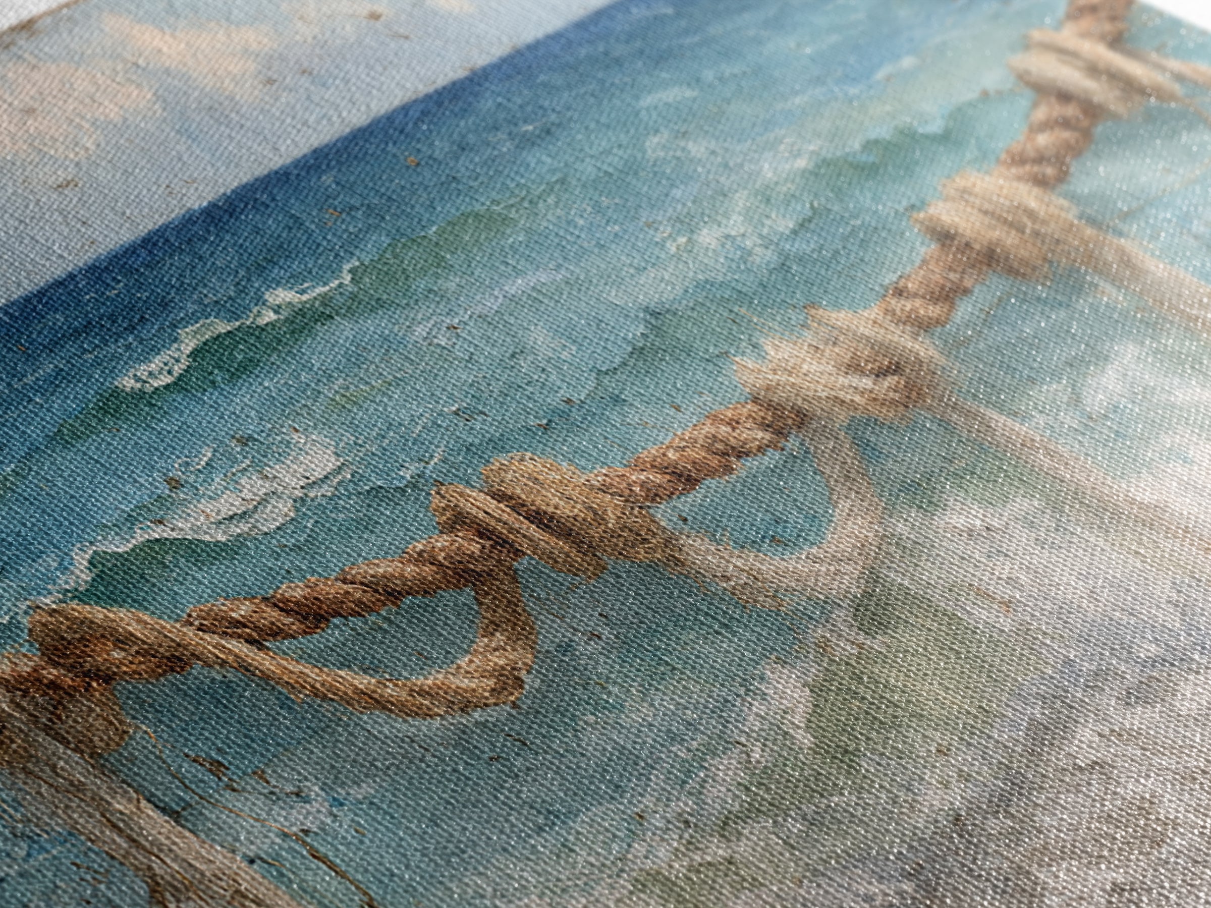 Weathered Nautical Rope and Brass Compass Framed Canvas Print, Coastal Art, Coastal Decor, Oil Painting, Coastal, COA-2x1-35