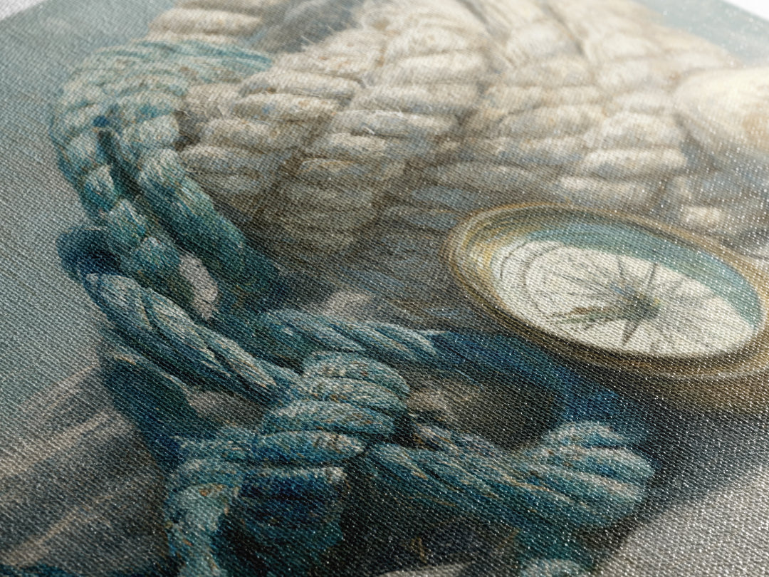 Weathered Nautical Rope and Brass Compass Framed Canvas Print, Coastal Art, Landscape Painting, Coastal Decor, Watercolor Art, COA-2x1-59
