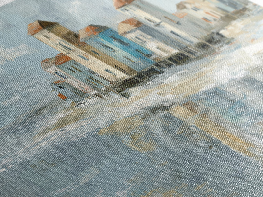 Coastal Village Rooftops Seen from the Sea Framed Canvas Print, Coastal Art, Living Room Art, Coastal Decor, Fine Art, Coastal, COA-3x1-73