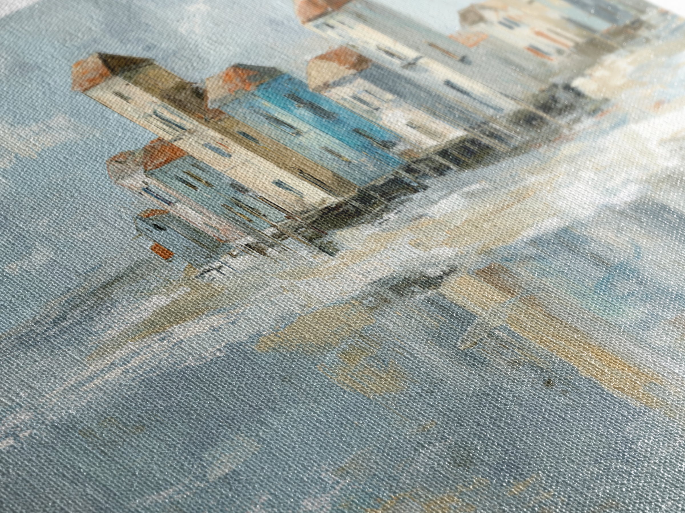 Coastal Village Rooftops Seen from the Sea Framed Canvas Print, Coastal Art, Living Room Art, Coastal Decor, Fine Art, Coastal, COA-3x1-73