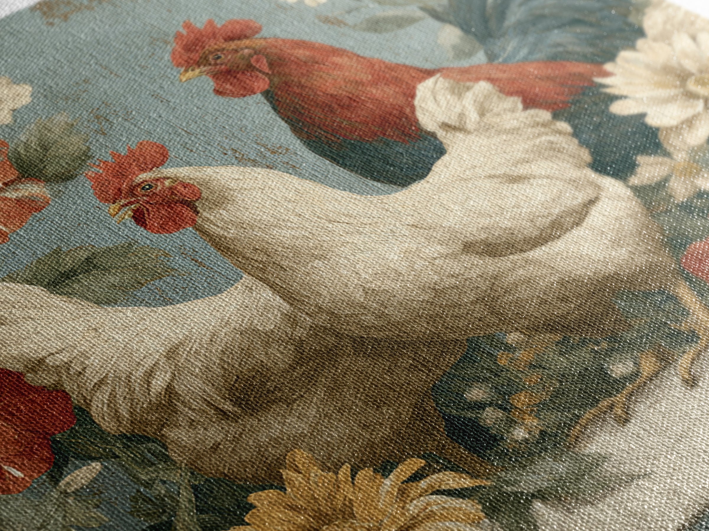 Chickens Pecking Near Garden Flowers Canvas Print, Country Art, Digital Art Prints, Farmhouse Decor, Fine Art, Country, COU-1x1-14
