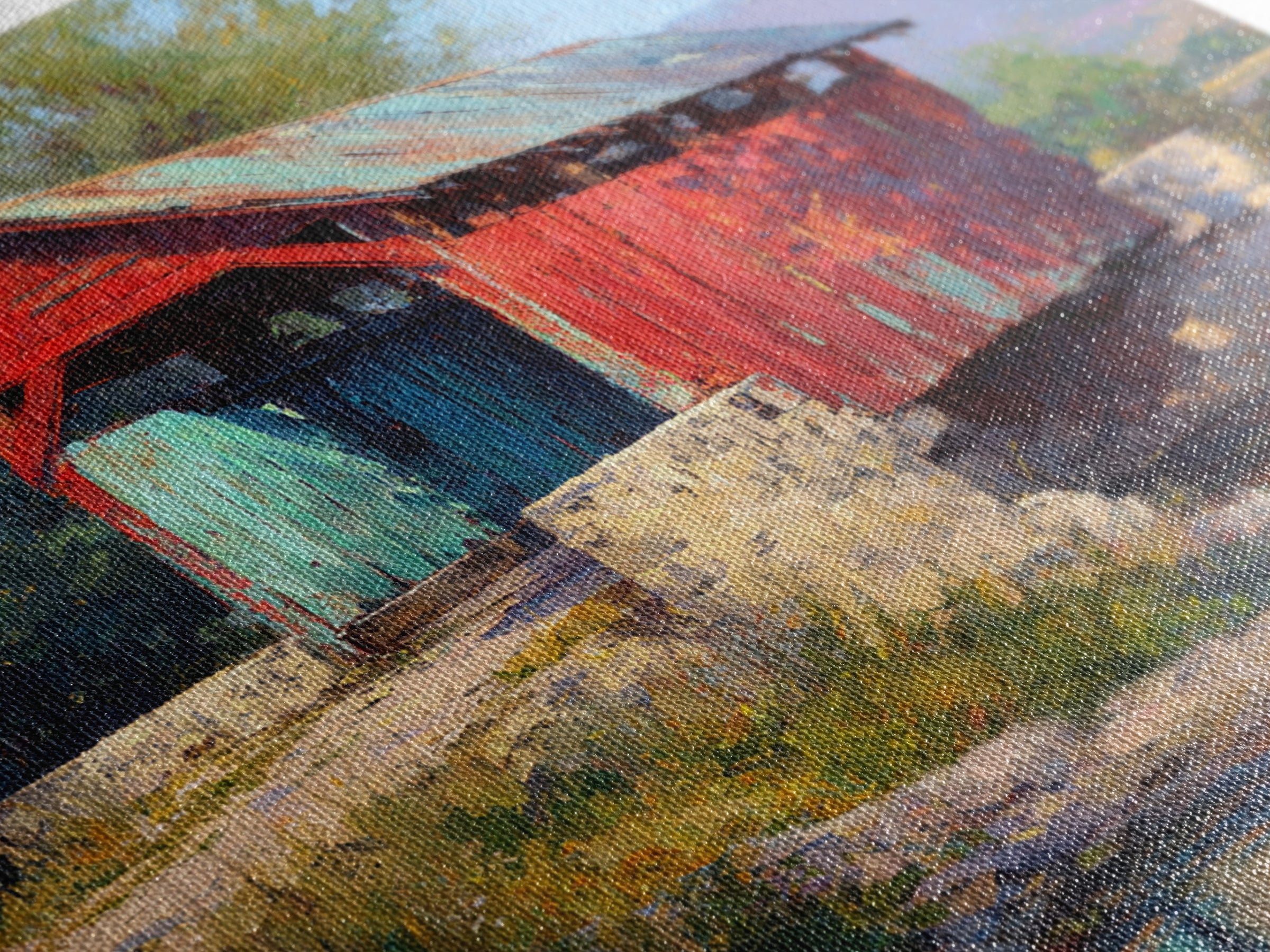Covered Bridge over a Quiet Creek Canvas Print, Country Art, Farmhouse Decor, Oil Painting, Country, French Country Decor, COU-1x1-15