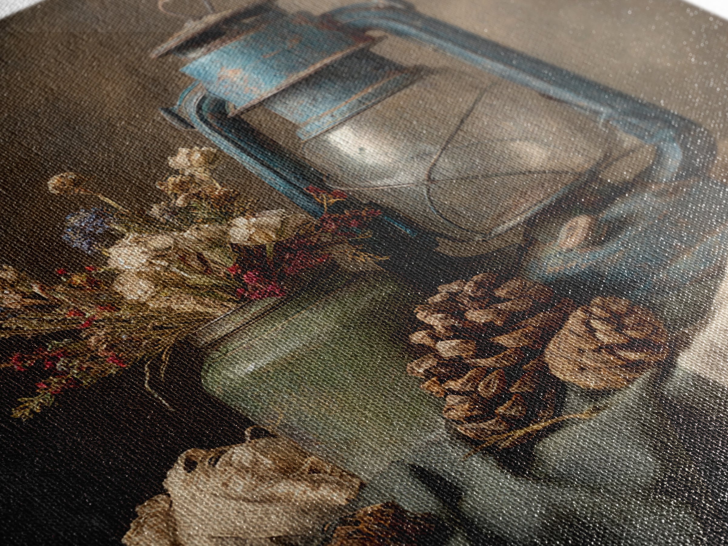 Old Lantern and Pinecones Still Life Framed Canvas Print, Country Art, Landscape Painting, Farmhouse Decor, Watercolor Art, COU-1x1-24