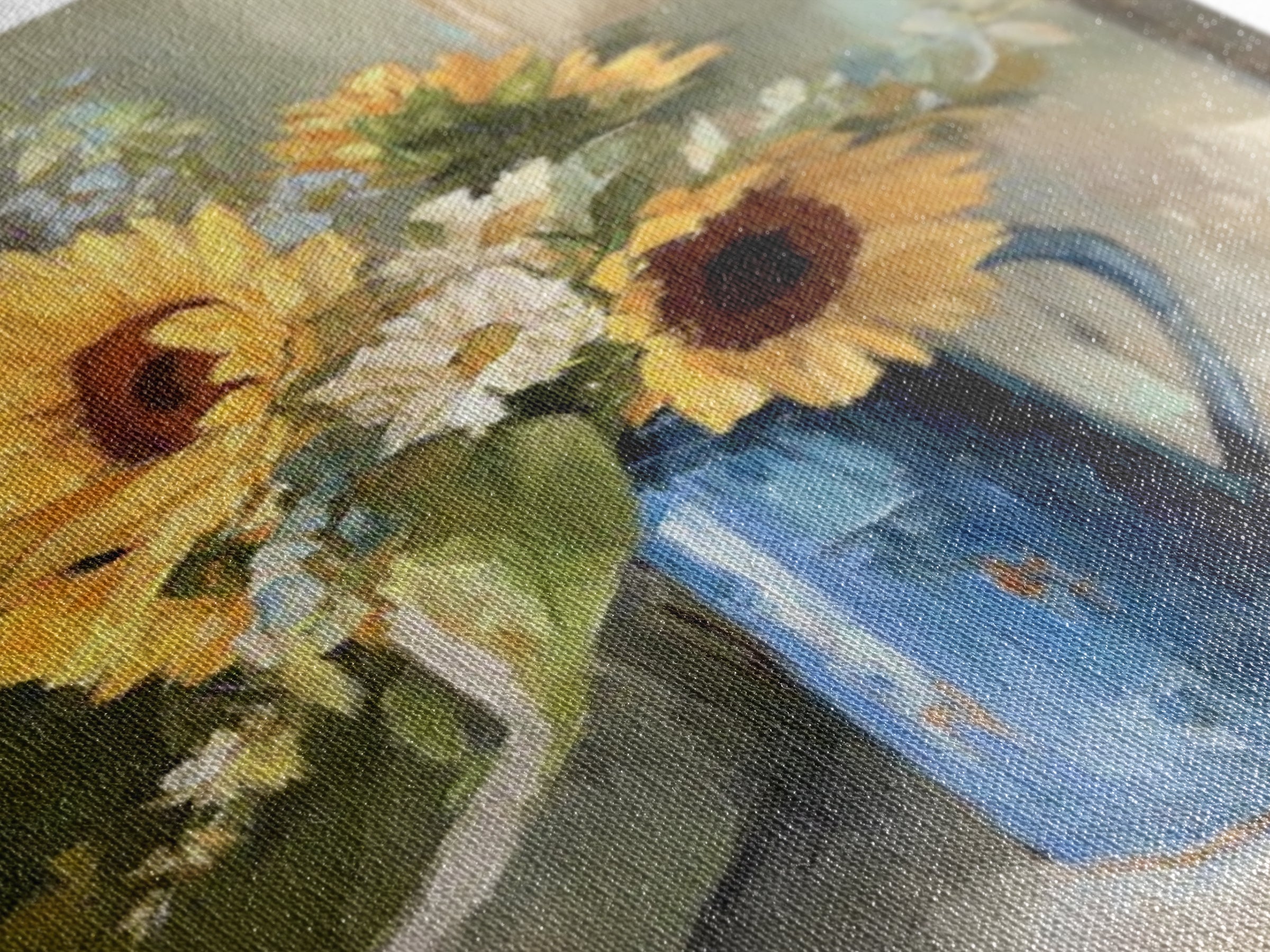 Sunflowers in a Blue Enamel Pitcher Framed Canvas Print, Country Art, Gallery Decor, Farmhouse Decor, Fine Art, Country, COU-1x1-32
