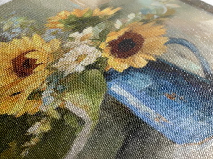 Sunflowers in a Blue Enamel Pitcher Framed Canvas Print, Country Art, Gallery Decor, Farmhouse Decor, Fine Art, Country, COU-1x1-32