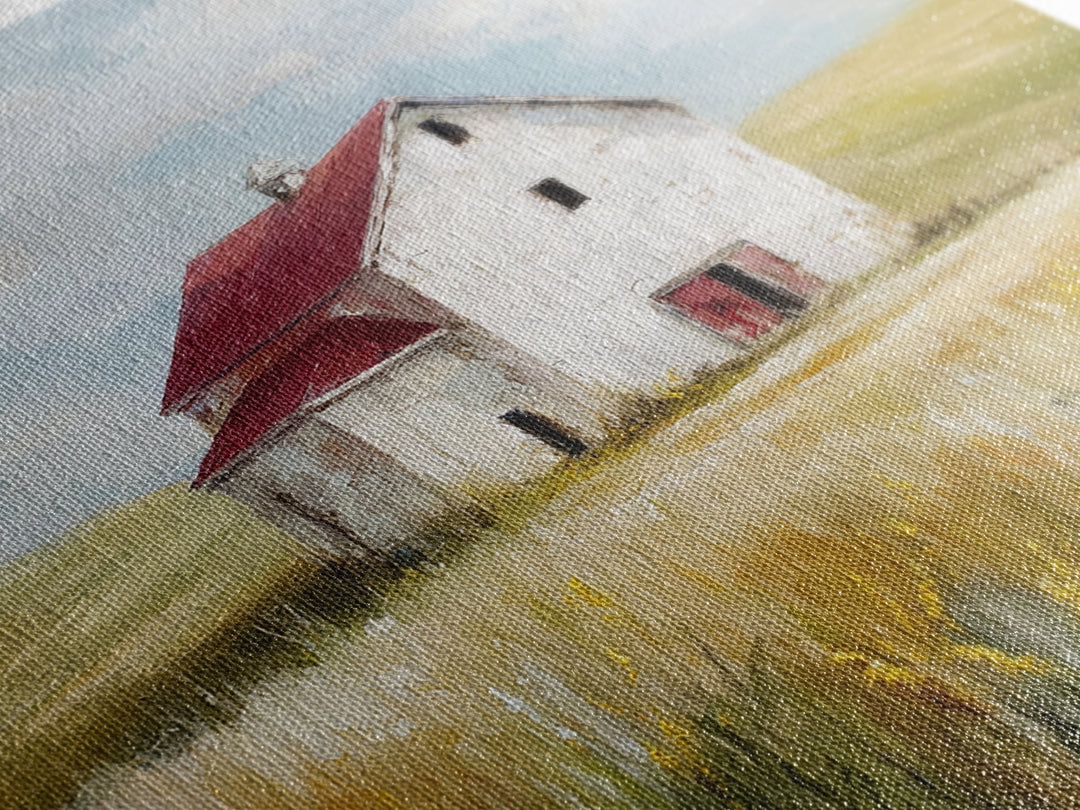 White Farmhouse Surrounded by Tall Grass Framed Canvas Print, Country Art, French Country, Farmhouse Decor, Watercolor Art, COU-1x1-34