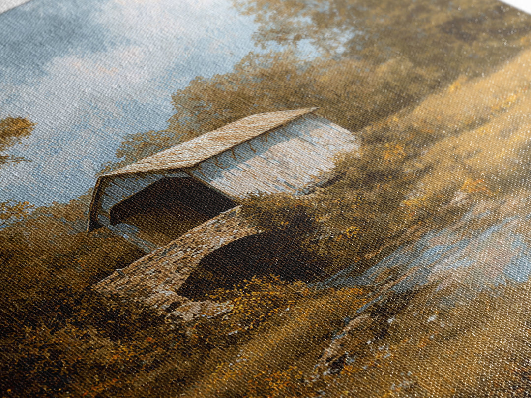 Covered Bridge over a Quiet Creek Framed Canvas Print, Country Art, Watercolor Painting, Farmhouse Decor, Fine Art, Country, COU-1x1-39