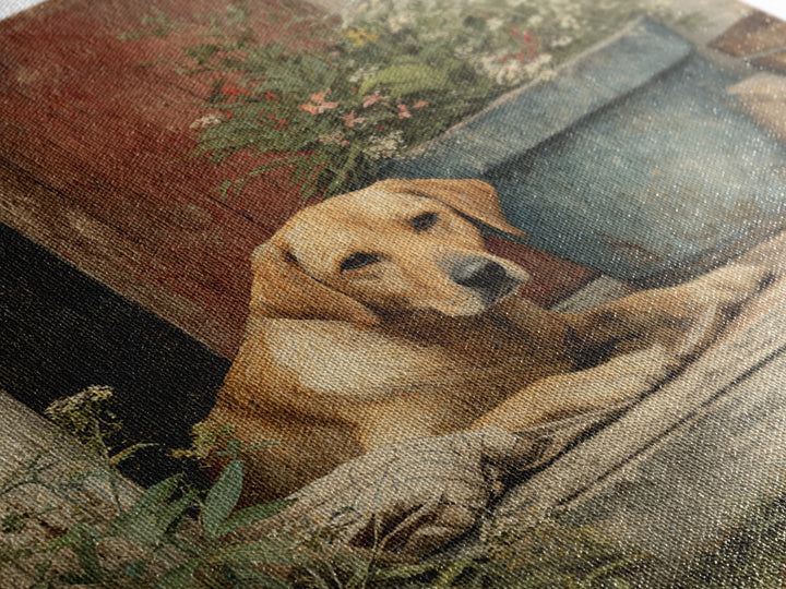 Dog Resting Beside a Porch Flower Pot Framed Canvas Print, Country Art, Landscape Painting, Farmhouse Decor, Oil Painting, COU-1x1-46