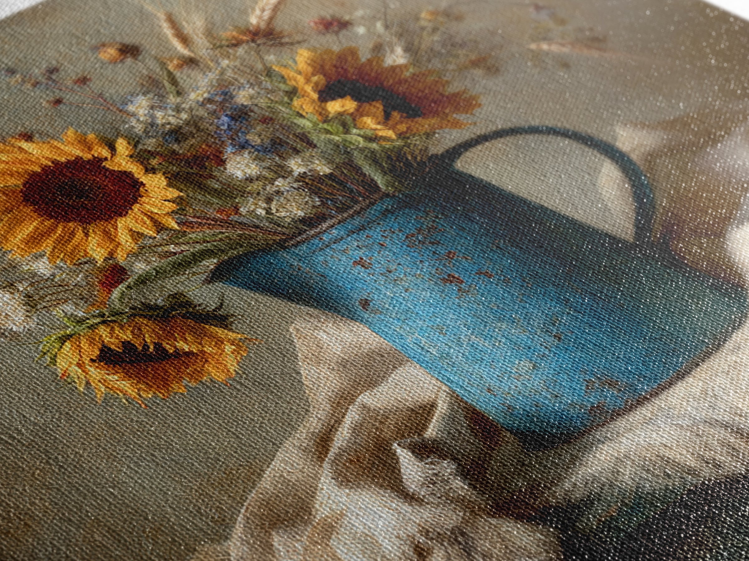 Sunflowers in a Blue Enamel Pitcher Framed Canvas Print, Country Art, Digital Wall Art, Farmhouse Decor, Fine Art, Country, COU-1x1-56